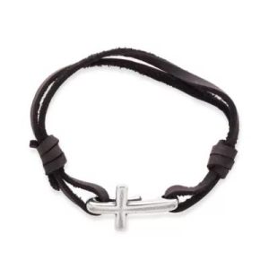 Cross Hook-On Leather Bracelet in Sterling Silver