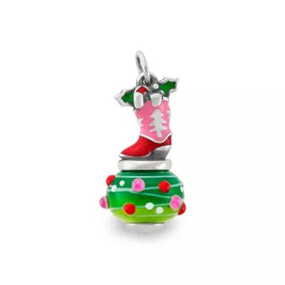 Enamel Christmas Cowboy Boot Art Glass Charm in Sterling Silver