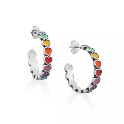 Enamel Connected Hearts Hoop Earrings in Sterling Silver