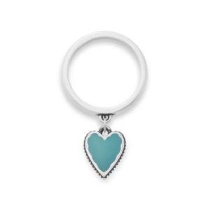 Small Enamel Heart Charm Dangle Ring in Sterling Silver