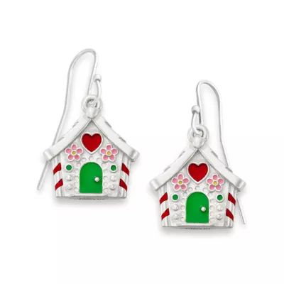 Enamel Gingerbread House Earrings in Sterling Silver