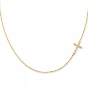 Delicate Pave Diamond Horizon Cross Necklace in 14K Yellow Gold