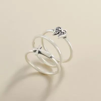 Angel Wings and Horizon Cross Ring Set in Sterling Silver - Image 2