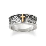 Textured Wedding Ring with Cross in Sterling Silver and 14K Yellow Gold