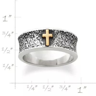 Textured Wedding Ring with Cross in Sterling Silver and 14K Yellow Gold - Image 2